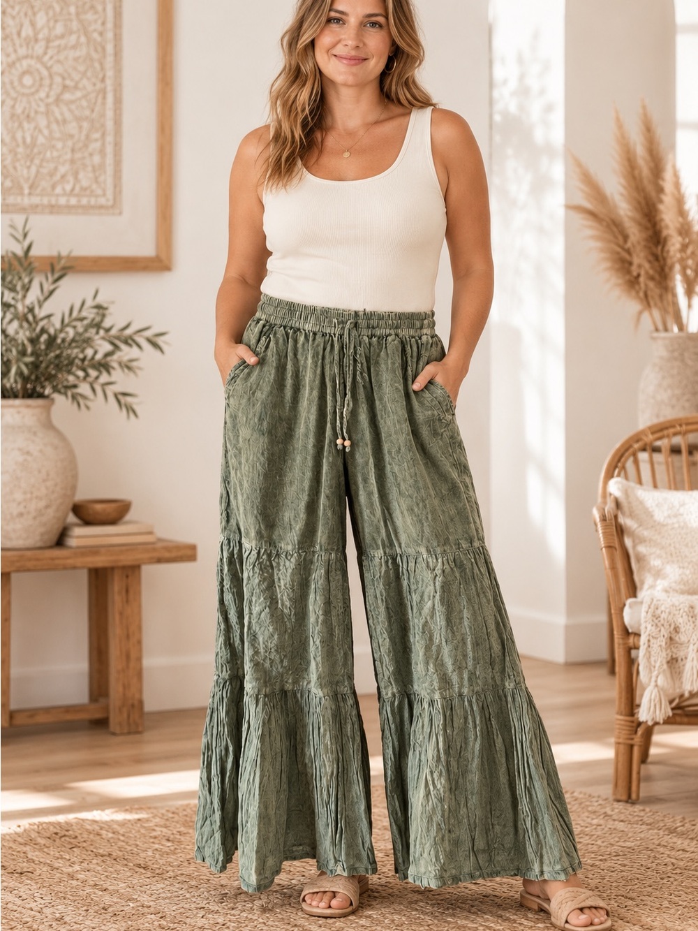 Wide leg relaxed flowing fit boho acid wash style cotton